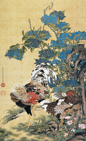 有名作家の掛け軸 伊藤若冲作 紫陽花双鶏図