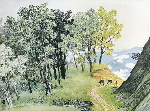 真作】【複製】掛軸 川合玉堂 工芸画 駒ケ岳 山の静寂 箱入 S109 真作