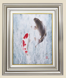 美品 掛け軸 広森耕仁作 夫婦鯉の滝登り図 共箱 太巻き付 美術年鑑掲載