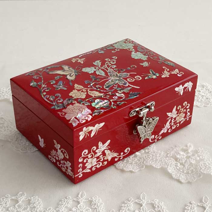螺鈿の高級ジュエリーボックス・高級螺鈿宝石箱-蝶花赤 高級結納品箱