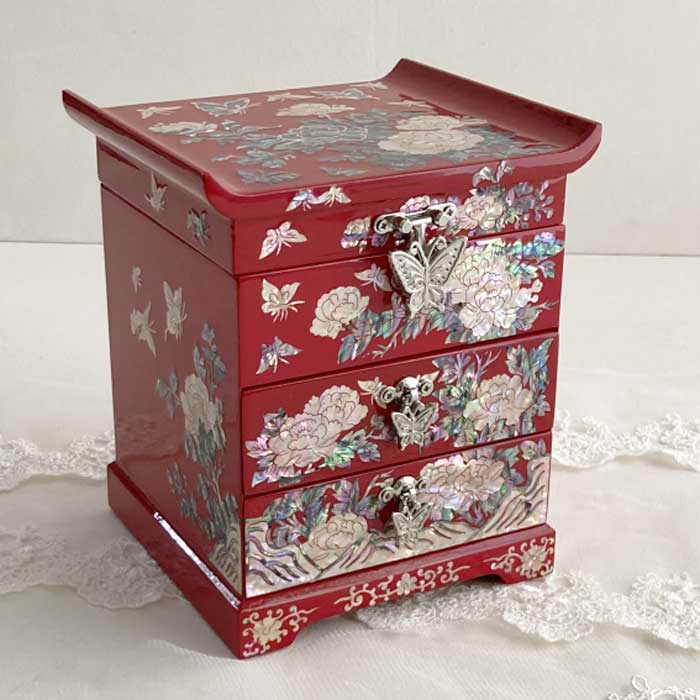 韓国螺鈿宝石箱 牡丹3段引き出しジュエリーボックス(紅赤) 高級結納品