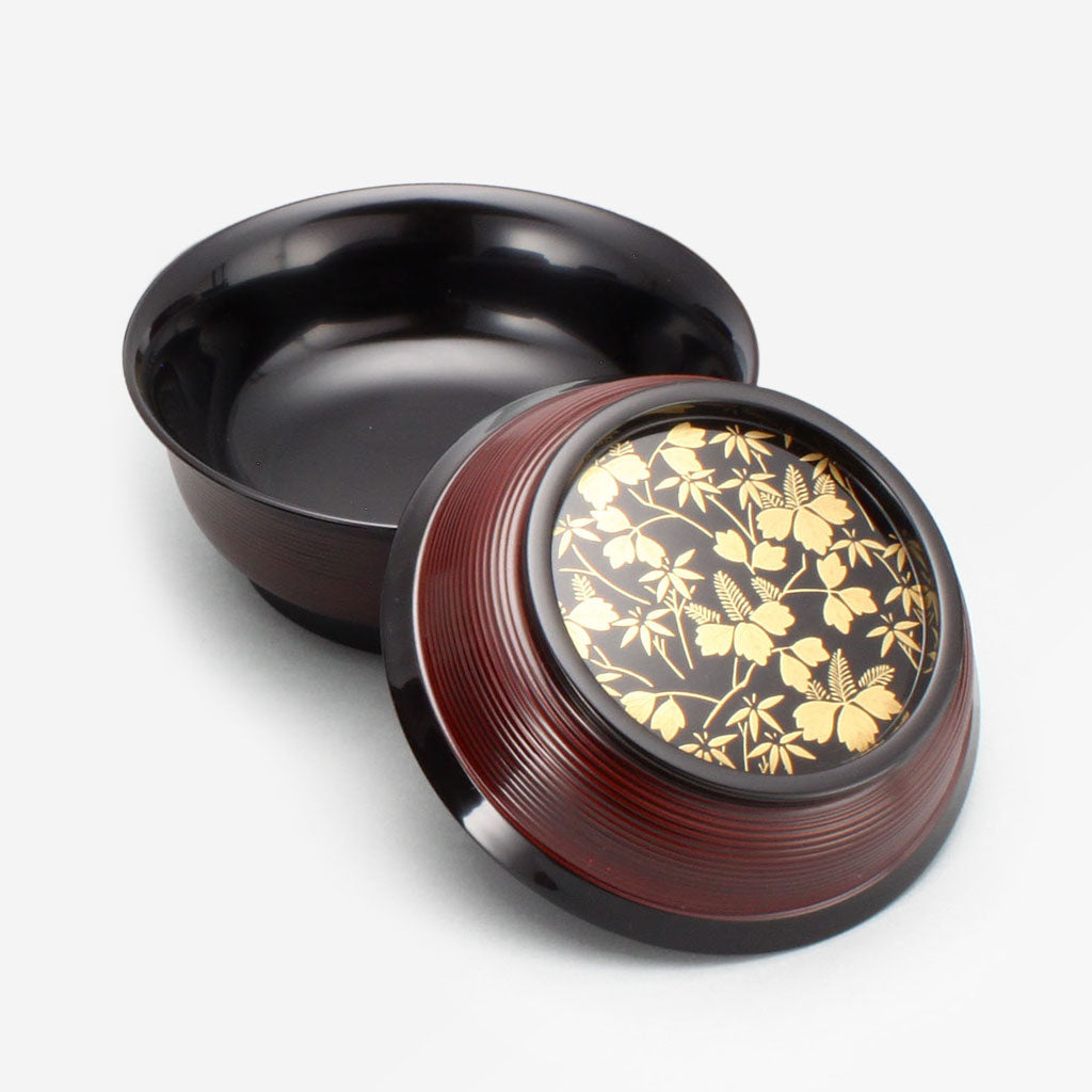 CM380】輪島塗 草花 絵変わり蒔絵 煮物椀 五客 光峯 哲舟 合作 木製