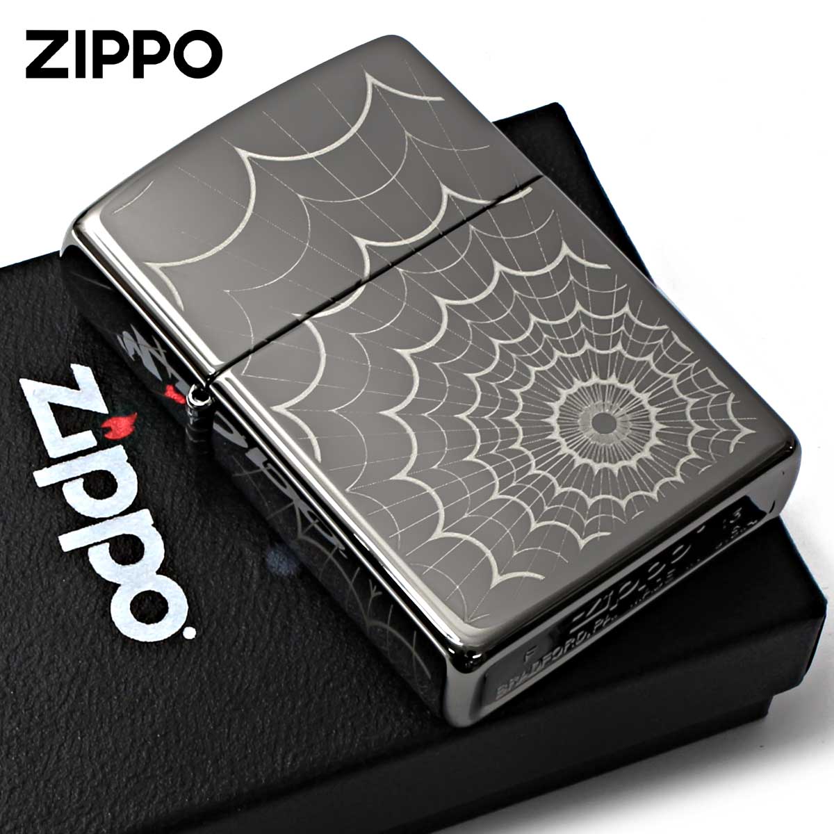 Zippo ジッポー 蜘蛛の巣 5面連続加工 Web All Over ブラックアイス
