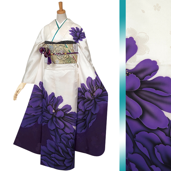 振袖：R592 【訳あり】白×紫 芍薬☆(絹)│ 振袖レンタル │ 京都着物