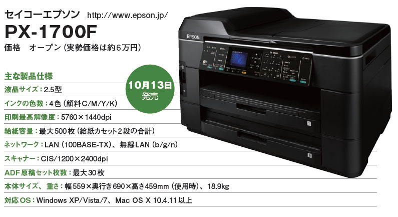 EPSON A3複合機 ビジネスインクジェット PX-1700F
