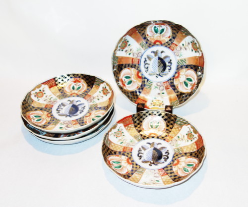 七寸 中皿 伊万里焼 色絵 四方襷丸文 4枚セット 古伊万里色絵