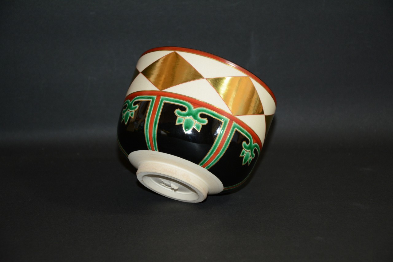 七代高橋道八造 仁清写色絵金彩菱之図茶碗 共箱裏鵬雲斎花押