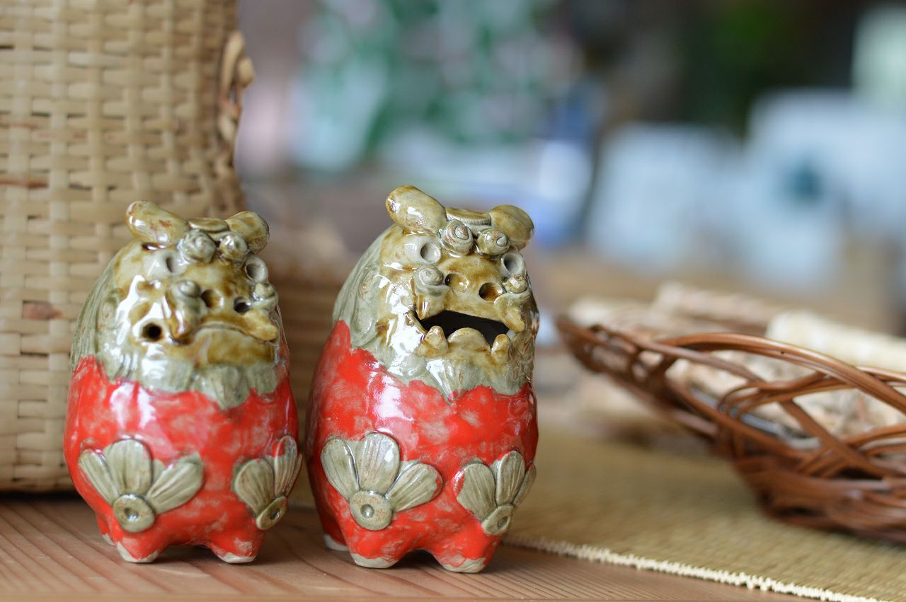 だるまシーサーペア 赤緑 / 置物 / 高江洲陶器所 | ゆいまーる沖縄