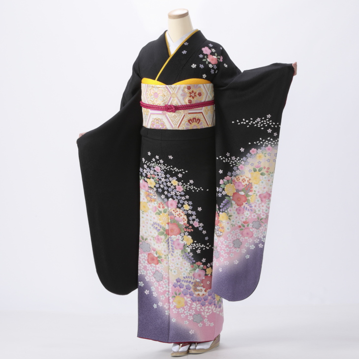 黒絞り入り振袖7点セット□ほぼフルセット身丈168.5cm/成人式帯新品