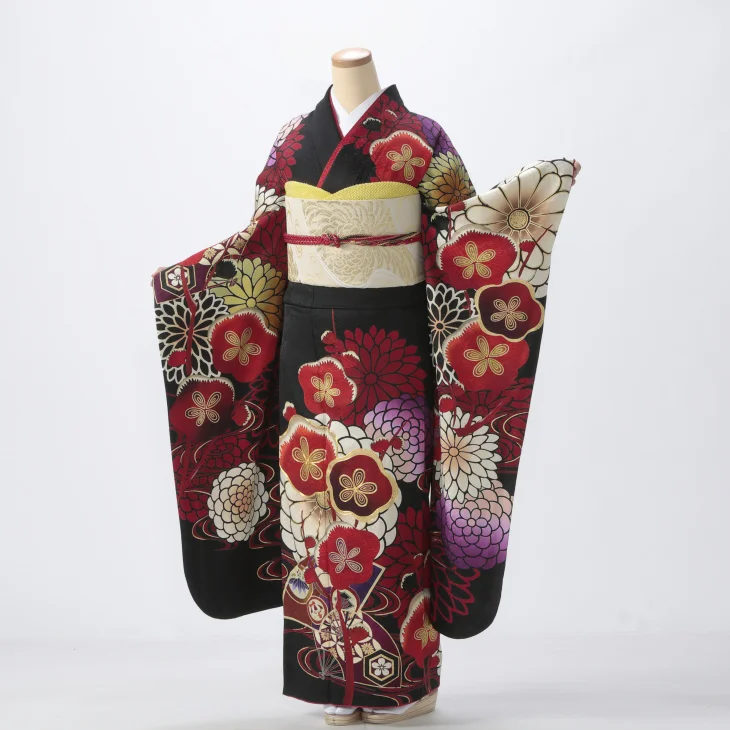 f0525441r2】【黒系】振袖 レンタル フルセット Lサイズ 成人式 着物