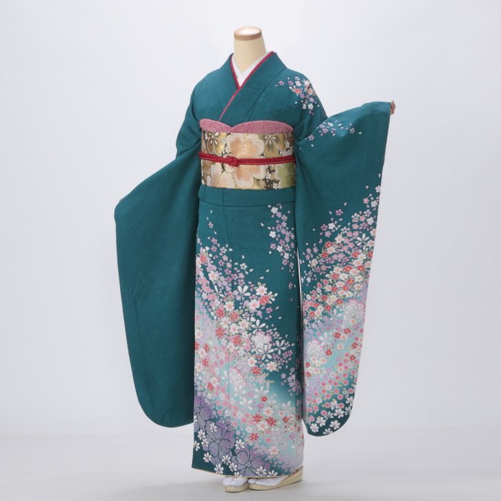 f0113081r2】【グリーン系】振袖 レンタル フルセット Lサイズ 【状態