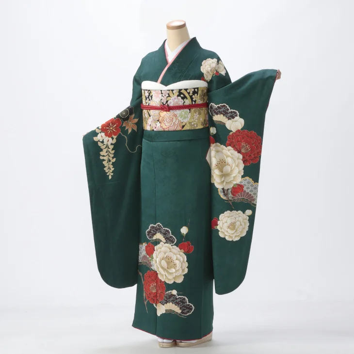 f0523187r】【グリーン系】振袖 レンタル フルセット Mサイズ 【状態:S