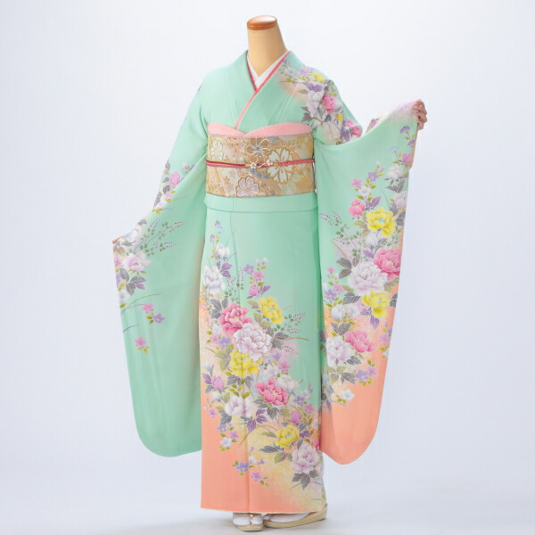 f0517182r】【グリーン系】振袖 レンタル フルセット Lサイズ 【中古
