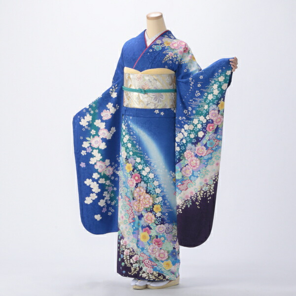f1021012r】【青・紺系】振袖 レンタル フルセット Mサイズ 【中古