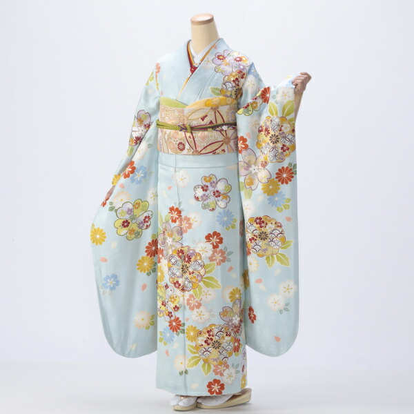 22141 【即購入OK】振袖総絞りブルー系呉服店誂えセット可能【即発送】