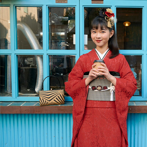 振袖 赤 花柄 長襦袢帯付き