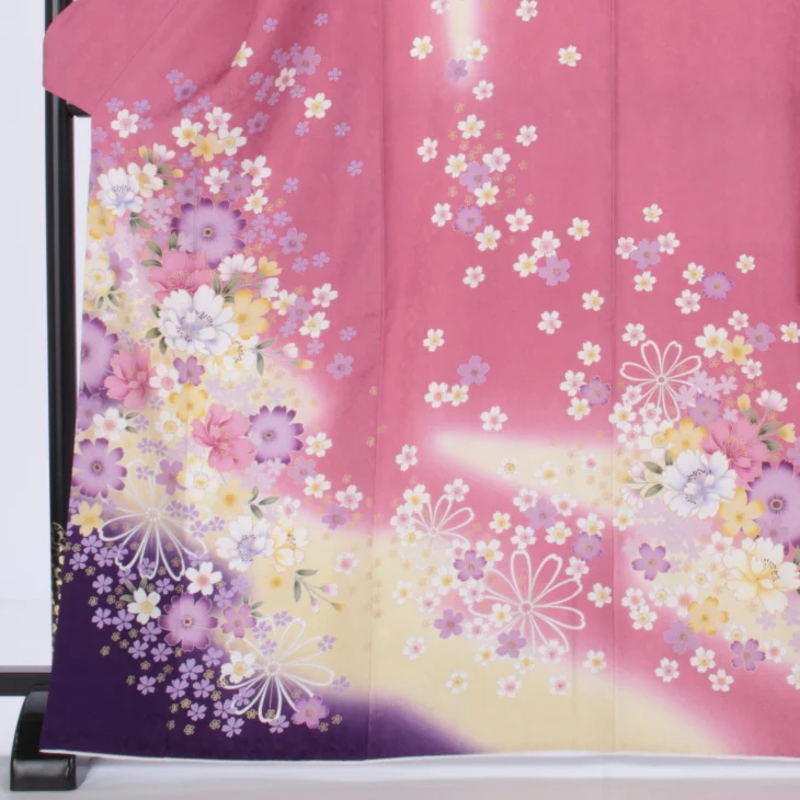 f0114007r】【ピンク・オレンジ系】振袖 レンタル フルセット Mサイズ