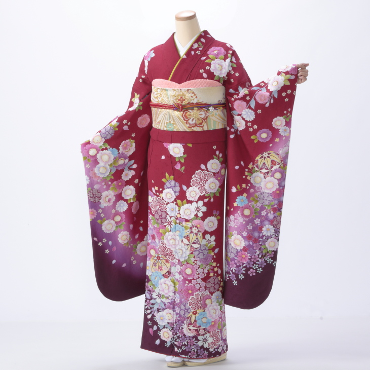 f0116063r2】【赤・ワイン系】振袖 レンタル フルセット Mサイズ