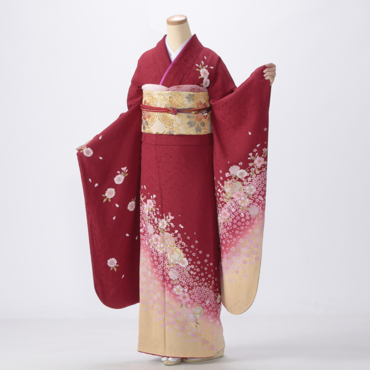 f0308062r】【赤・ワイン系】振袖 レンタル フルセット Lサイズ 【状態