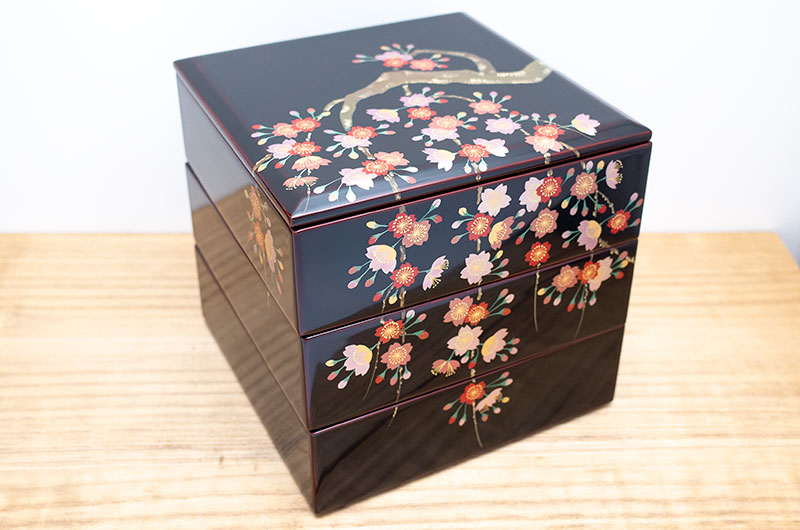 晴霞堂 内朱五寸五段両開重箱 桜皮 大正時代