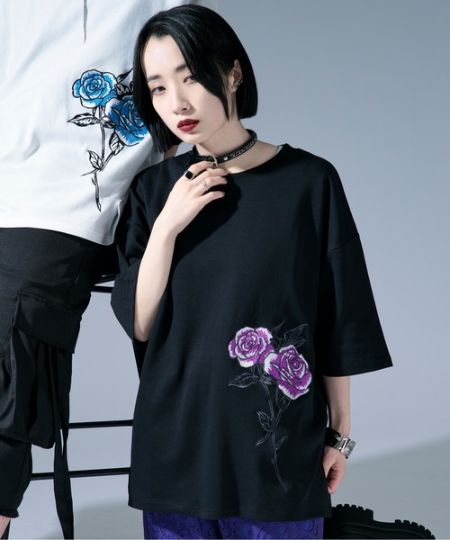 Ellno Loset（エルノロゼット） tシャツ サイドバラ刺繍Tシャツ メンズ