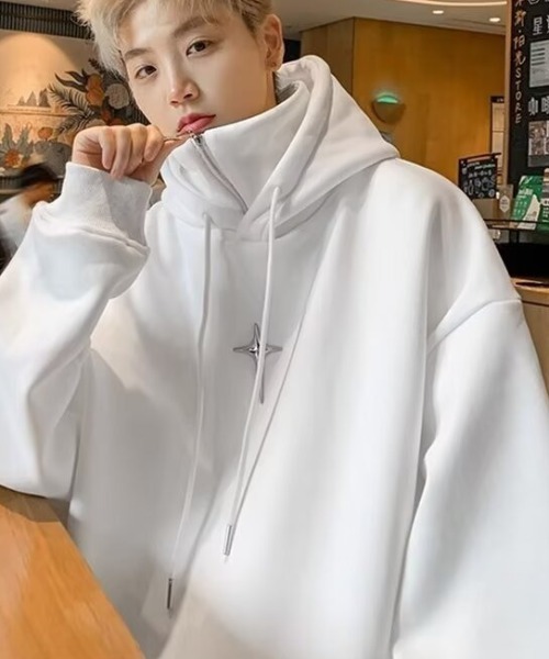 lilful パーカー ビッグシルエットハイネッククロスブローチパーカー