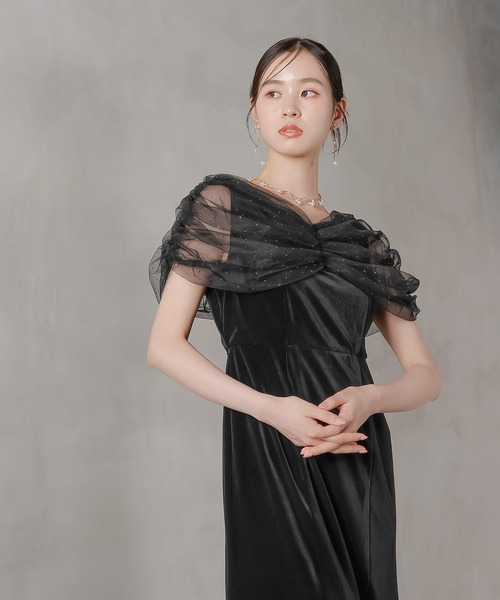 Kana ドレス チュール ビジュー ドット ドッキング ベロア マーメイド