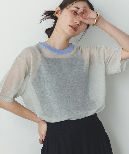 hunch（ハンチ） ニット セーター バイカラー シアー半袖ニット