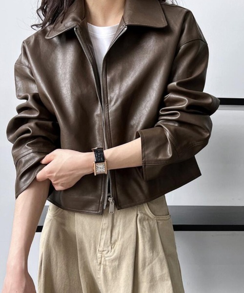 レザージャケット ライダース ショート丈 シンプルデザイン レディース