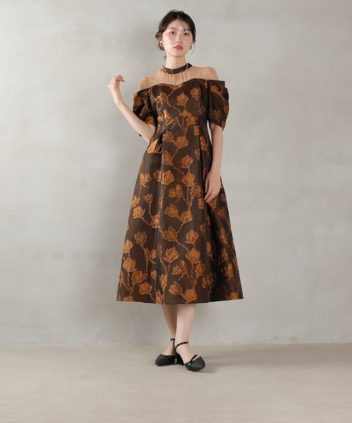 Kana ドレス ジャガード 花柄 チュール オフショル風 Aライン