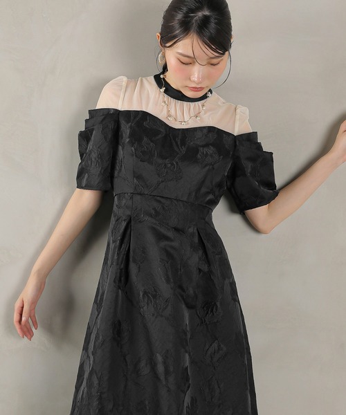 Kana ドレス ジャガード 花柄 チュール オフショル風 Aライン