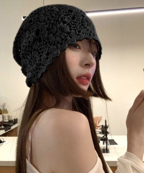 新品クロシェ編み鍵編みウールニット帽ブラック黒イスラーワッチ温かい