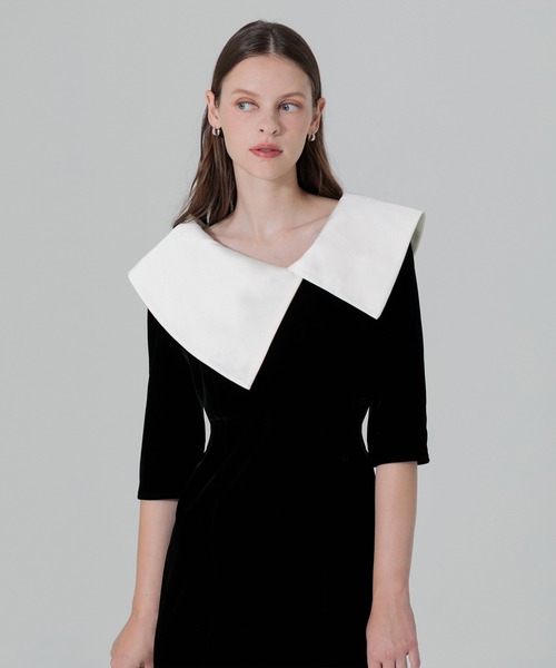 Leja（レジャ） ドレス 「LEJA」配色アシンメトリービッグカラーベロア