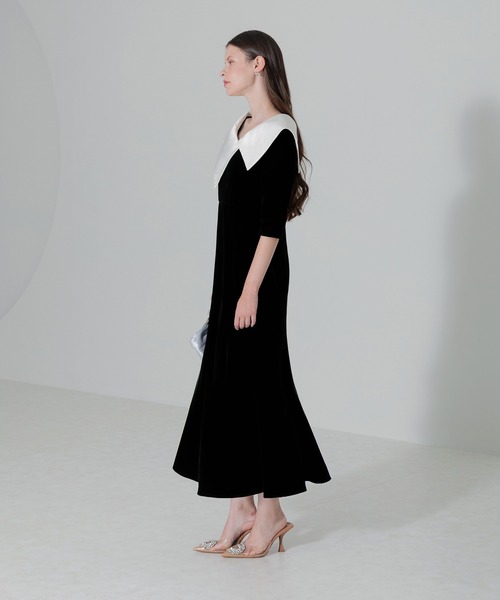 Leja（レジャ） ドレス 「LEJA」配色アシンメトリービッグカラーベロア