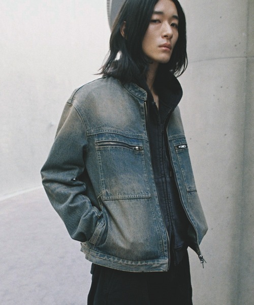 WYM LIDNM デニムジャケット gジャン VINTAGE WASHED DENIM ZIP MOTO