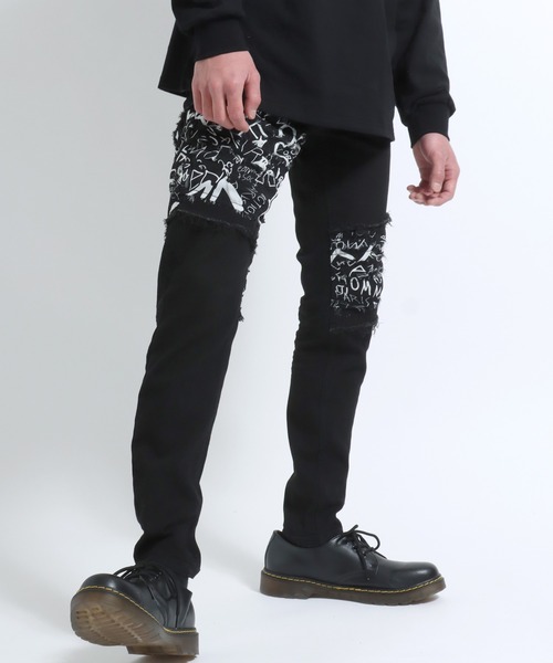 チノパン 豹柄・英字柄 ストレッチ ブラックスキニーパンツ