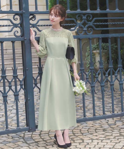 GIRL DRESS FOR NOW ドレス レース切替えパフスリーブ フレア ロング