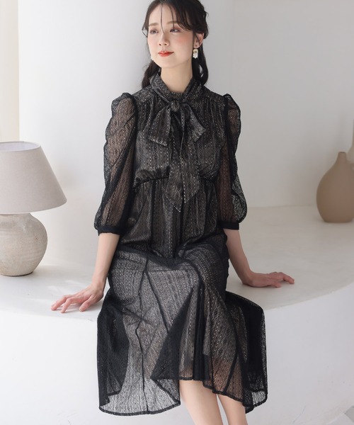 PourVous（プールヴー） ドレス ミモレ丈＆七分袖フォーマルボータイ