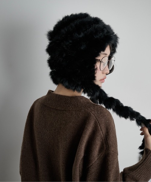 THE Yon ニット帽 ニットキャップ ラビットファー編み込みニット