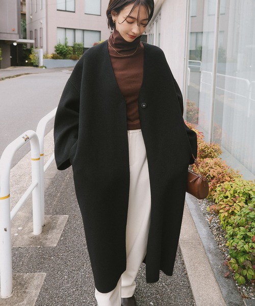 evernavy ノーカラーコート コート ノーカラーリバーロングコクーン