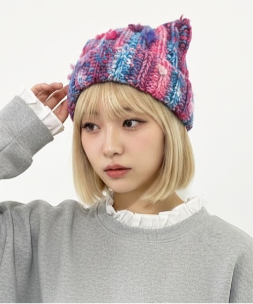 ニット帽 ニットキャップ 「HIKA」マルチストライプMIX編み猫耳ニット