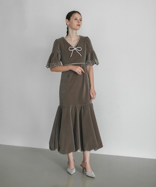 Leja（レジャ） ドレス 「LEJA」パールストーンリボンベロアギャザー