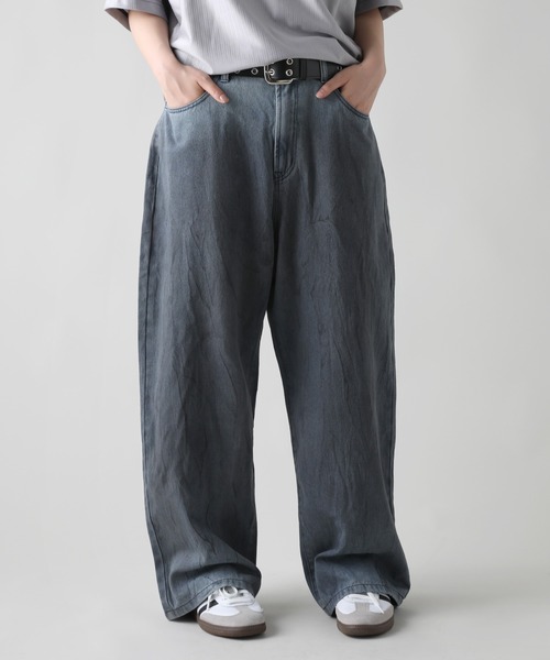 ジーンズ オーバーダイ/マルチ加工グランジバギーワイドデニムパンツ