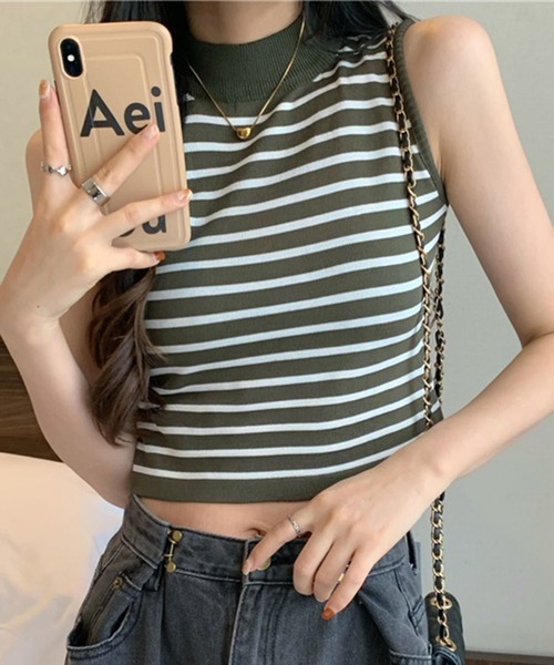 タンクトップ ノースリーブ ボーダーハイネック ノースリーブTシャツ