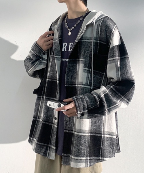 link lot シャツ 「秋冬」フード付ヘビーネルチェックシャツ メンズ