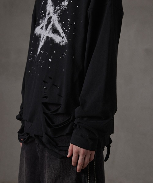 GRANCY tシャツ 「GRANCY」LinestoneDesign Graphic Damage LongTee