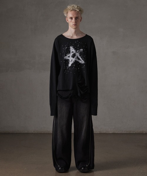 GRANCY tシャツ 「GRANCY」LinestoneDesign Graphic Damage LongTee