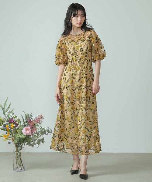 Kana ドレス パフスリーブ フラワー刺繍 フェミニン パーティー ドレス