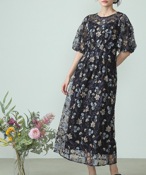 Kana ドレス パフスリーブ フラワー刺繍 フェミニン パーティー ドレス