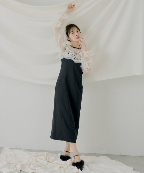 Chico オケージョンドレス Chico チコ 配色レースタイトロングドレス